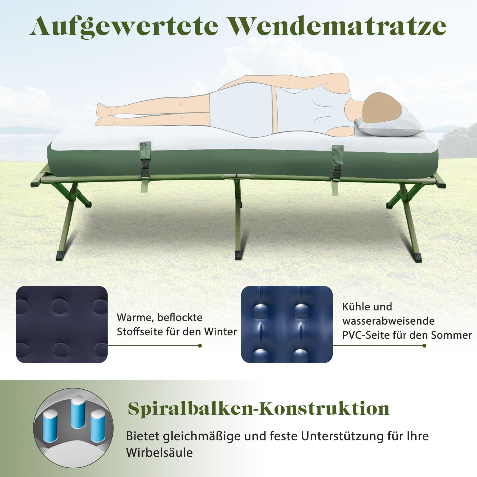 GYMAX Tienda de Campaña con Cama de Campo, Cama de Camping con Saco de Dormir, Colchón de Aire y Almohada, Tienda de Campaña con Protección Solar y Bolsa de Transporte