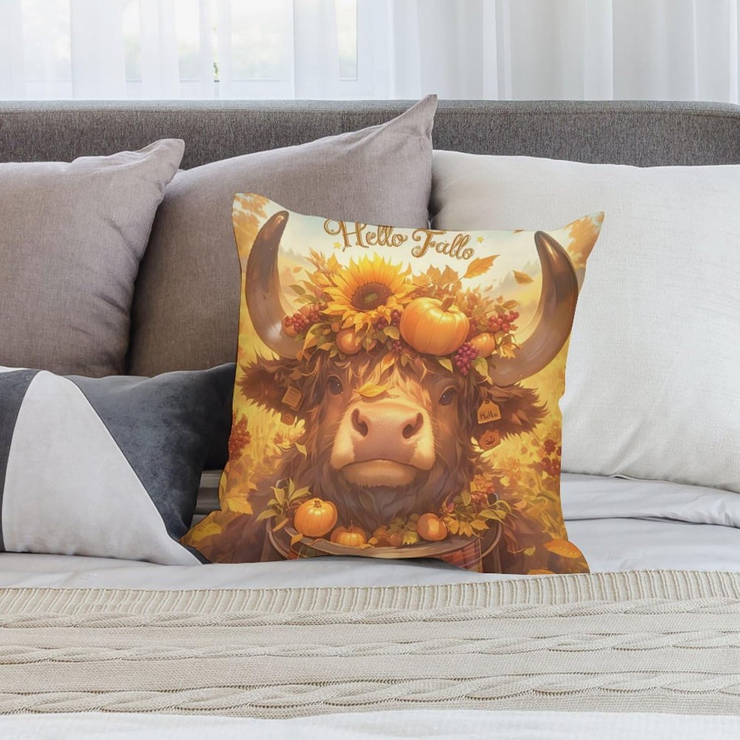 Pack of 4 Fall Fall Cow Pumpkin Sunflowers Decorative Throw Pillow Covers 22 x 22, Soft Square Cushion Case Pillow Cases Set for Farmhouse Home Couch Sofa Decor, Christmas Pillows Decorations