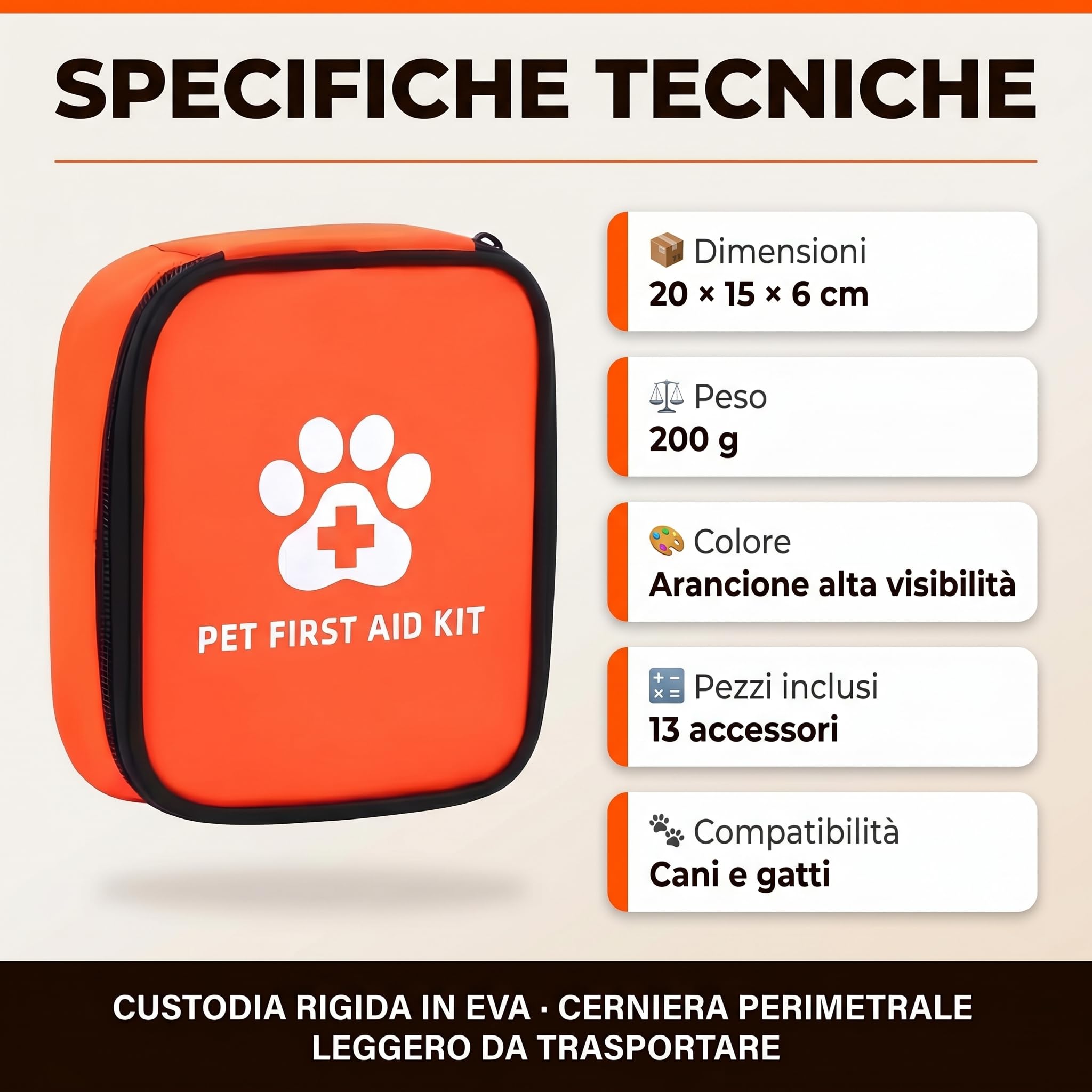 Kit di Pronto Soccorso per Animali Domestici - Set Essenziale per Emergenze Quotidiane, Custodia Compatta - Leggero da Viaggio e Passeggiate - Alta Visibilità (13 Pezzi)