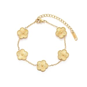 TICVSS Four Leaf Clover Bracelet for Women 18K Gold Plated Stainless Steel Lucky 4 Leaf Gold Link Bracelet