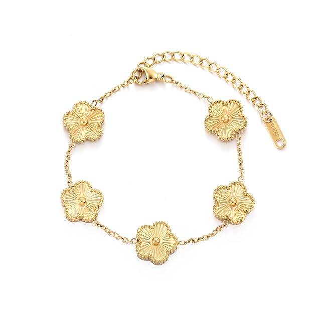 TICVSS Four Leaf Clover Bracelet for Women 18K Gold Plated Stainless Steel Lucky 4 Leaf Gold Link Bracelet