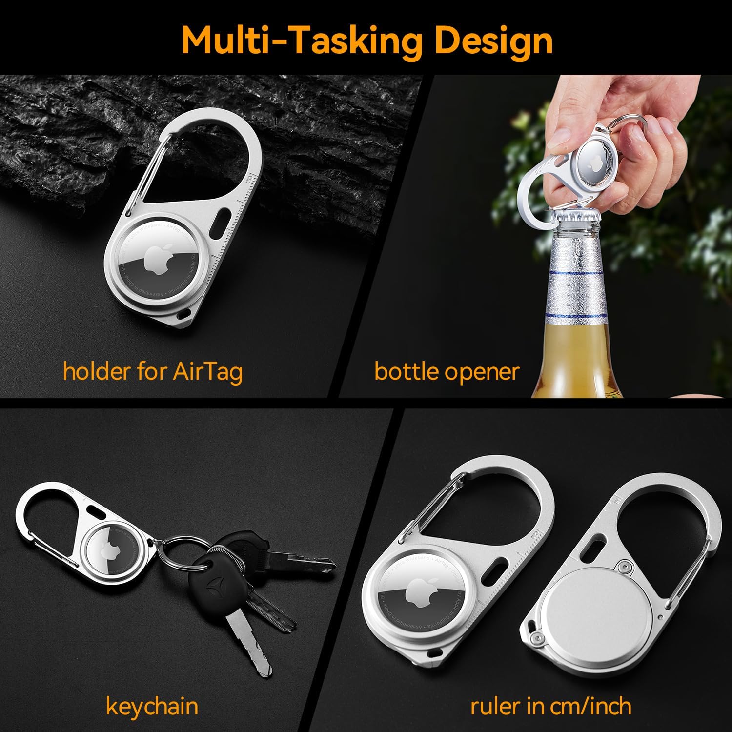 4 Pack Compatible with Apple AirTag Metal Secure Holder with Carabiner,Snap Hook Lock Anti-Lost Hard Protective Case for Air Tag. (Silvery)