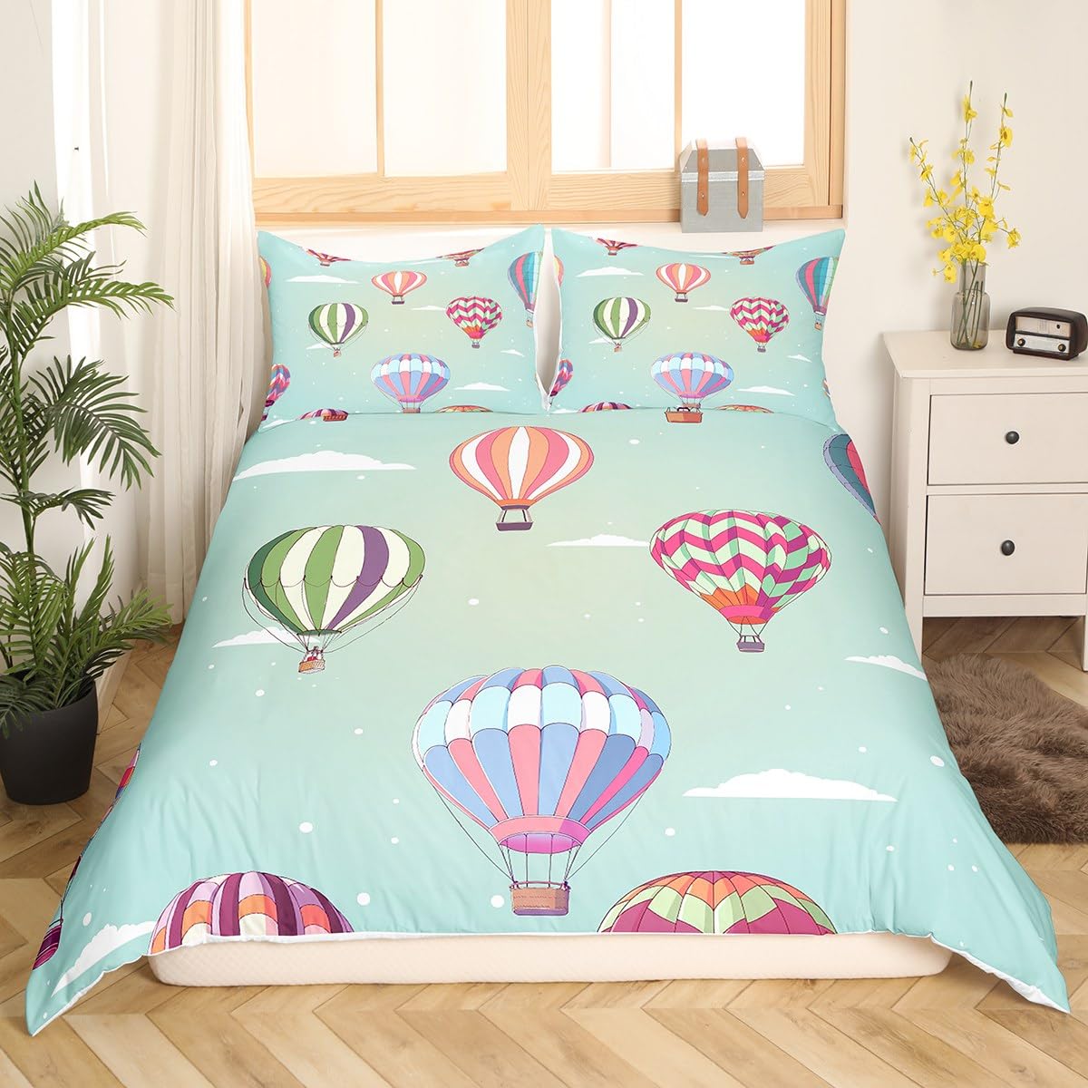 richhome Hot Air Balloon Duvet Cover Cartoon Clouds Bedding Set Watercolor Hot Air Balloons Comforter Cover Cute Dot Circles Bedspread Cover Super King Size with 2 Pillow Cases