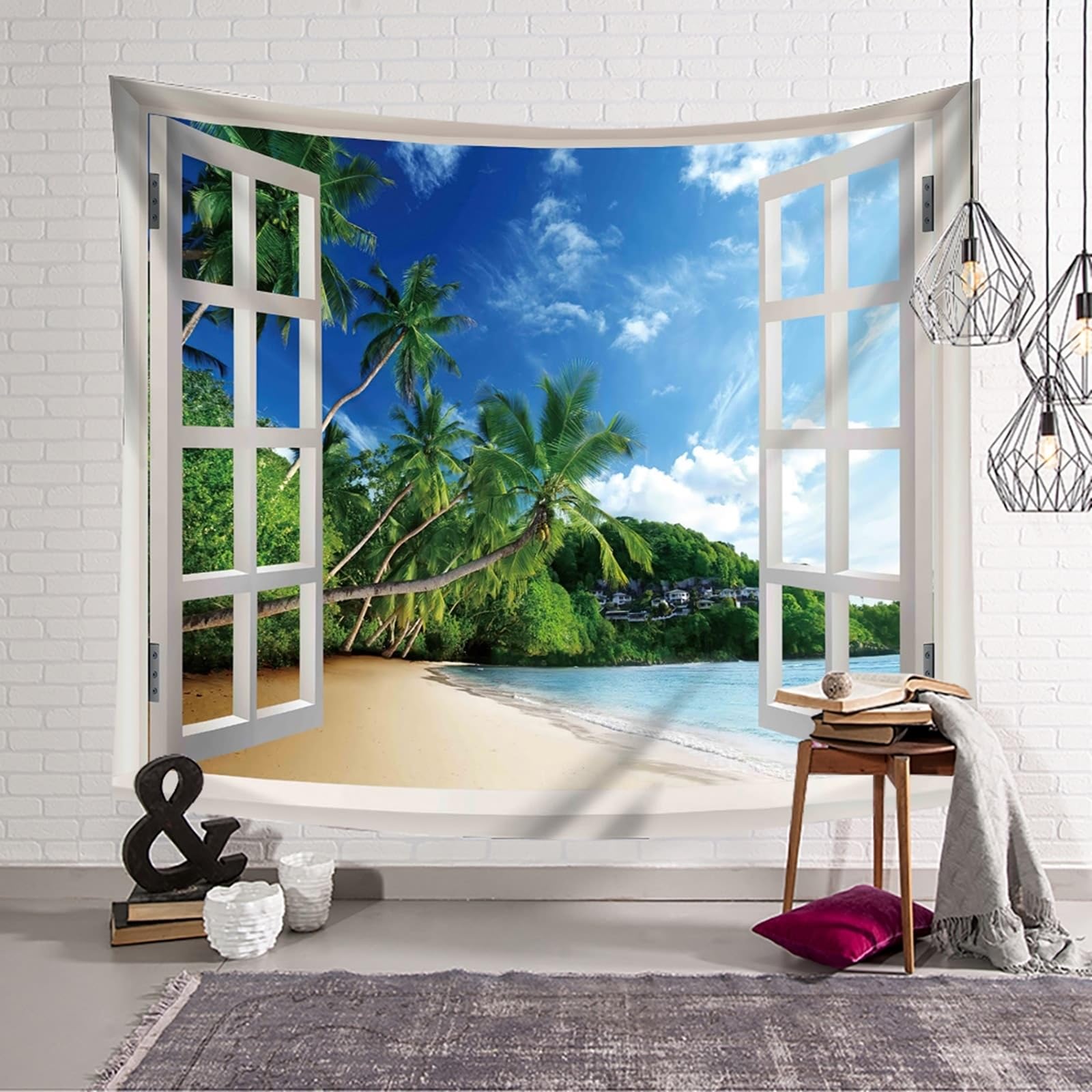 Tapiz natural para colgar en la pared de poliéster, marco de ventana verde y blanco y palmera, paisaje de playa, 240 x 220 cm