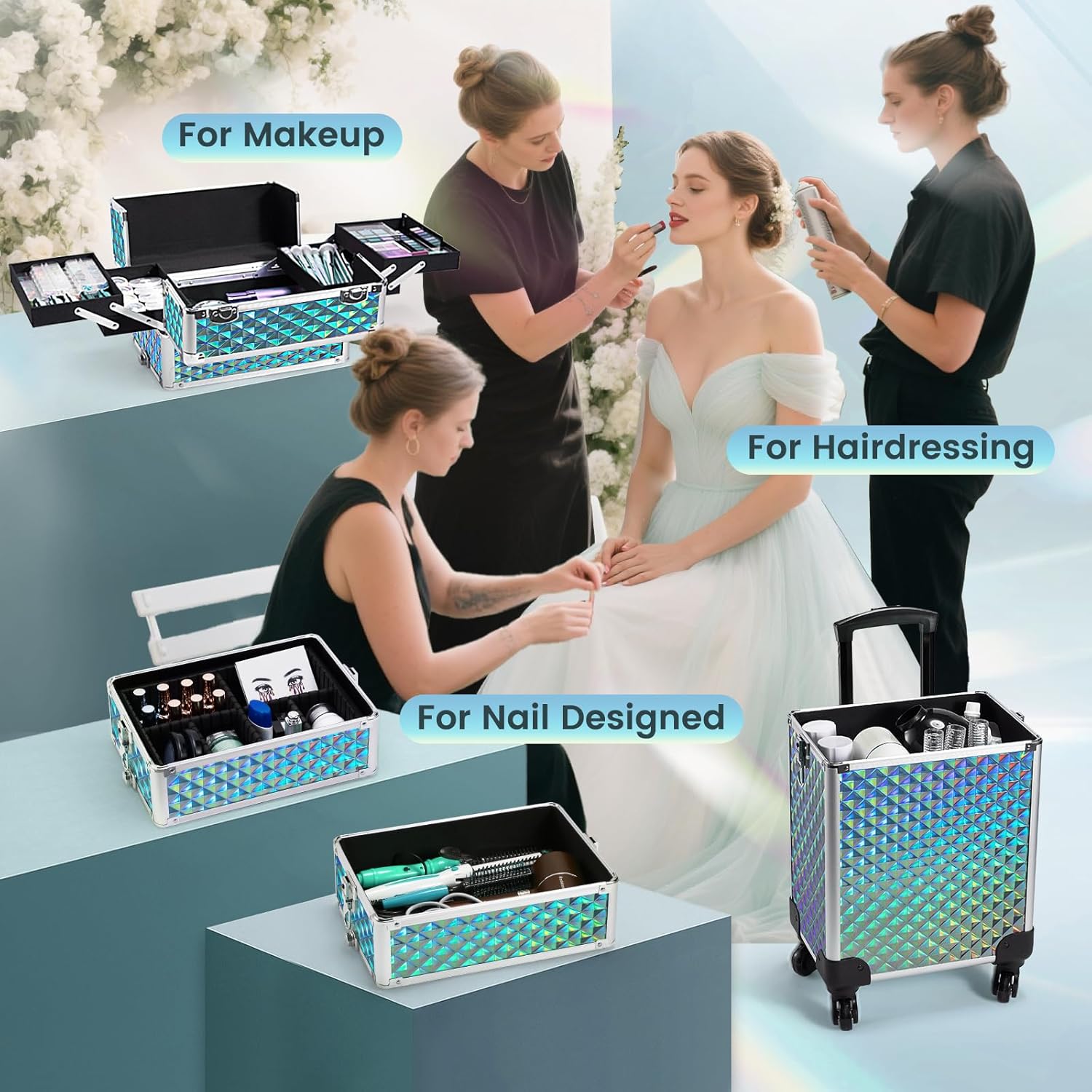 Stagiant Rolling Makeup Case Cosmetology Case on Wheels 4 in 1 Makeup Travel Case Large Cosmetic Organizer Storage with Key Swivel Wheels Nail Artist Salon Traveling Cart Trunk Watery Blue