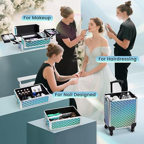 Vista 23 de Stagiant Estuche de tren de maquillaje rodante, estuche de cosmetología con ruedas, 4 en 1, estuche de cosméticos grande con ruedas, estuche