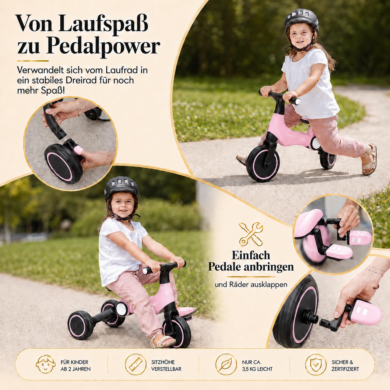 4-in-1 Kinder Dreirad ab 2 Jahre, klappbares Laufrad & Balance-Bike mit Pedalen, Mini-Fahrrad für Jungen & Mädchen, höhenverstellbar ab 32 cm, leicht 3,5 kg, CE/EN71 Zertifiziert