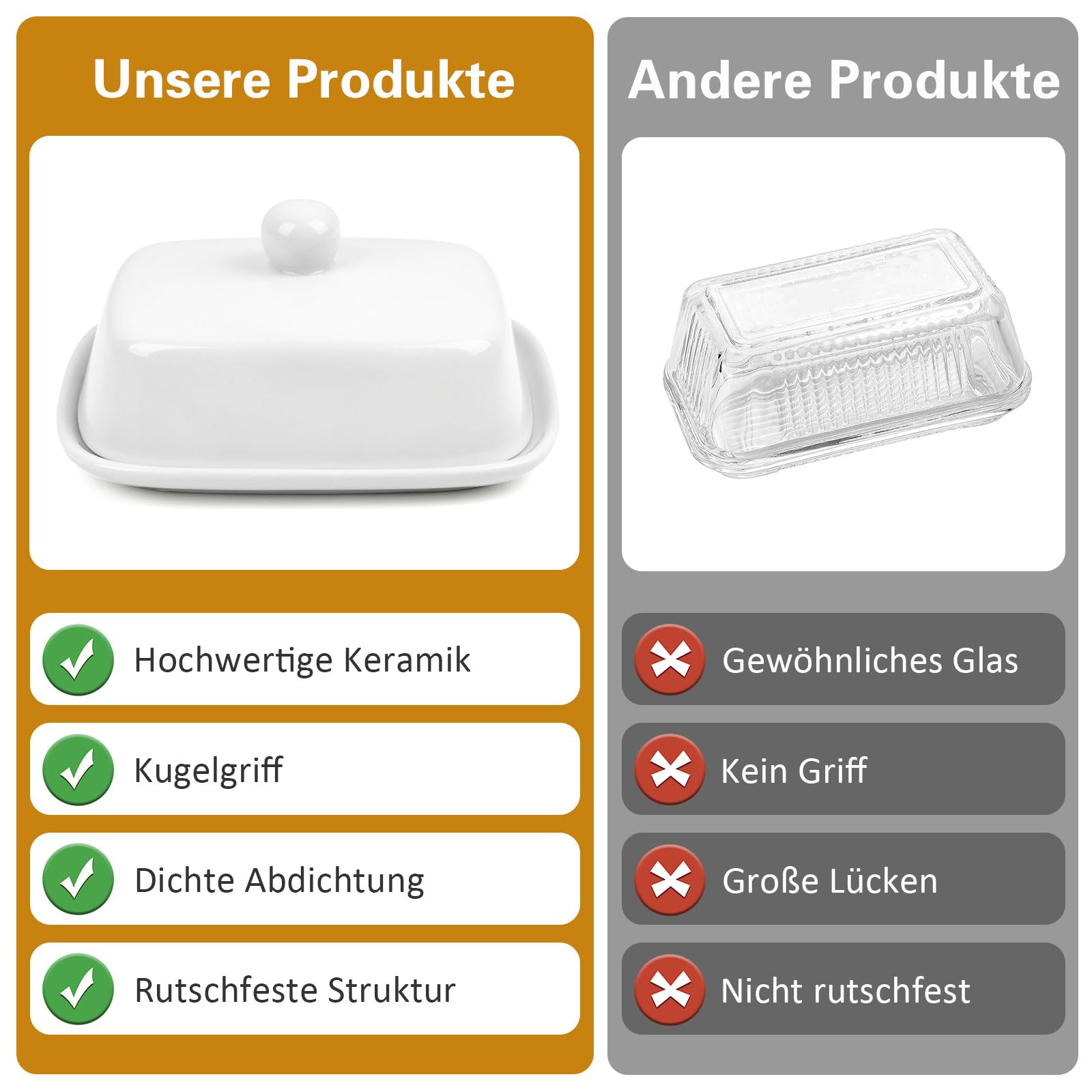 Butterdose Keramik mit Buttermesser– Weiße Porzellan Butterdose für 250g Butter, Mit Deckel für Frischehaltung