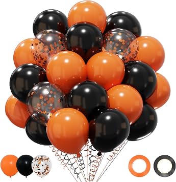 Black Orange Halloween Balloons Set, 50 pcs 12 inch Orange Black Confetti Latex Balloons Kit for Halloween Baby Shower Spooky Birthday Graduation Motorcycle Party Decorations