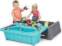 Vista 3 de Simplay3 Sand and Water - Banco para niños, mesa de arena y agua 2 en 1 con banco de almacenamiento al aire libre, gris y verde azulado