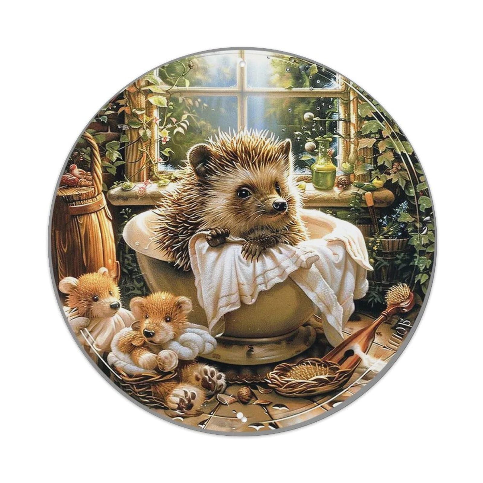 Hedgehog Bath With Teddy Bears Vintage Metal Tin Sign Retro Wall Decor for Home Bar Garage Cafe, Indoor & Outdoor Decorative，circle Metal Poster, 8x8 Inch