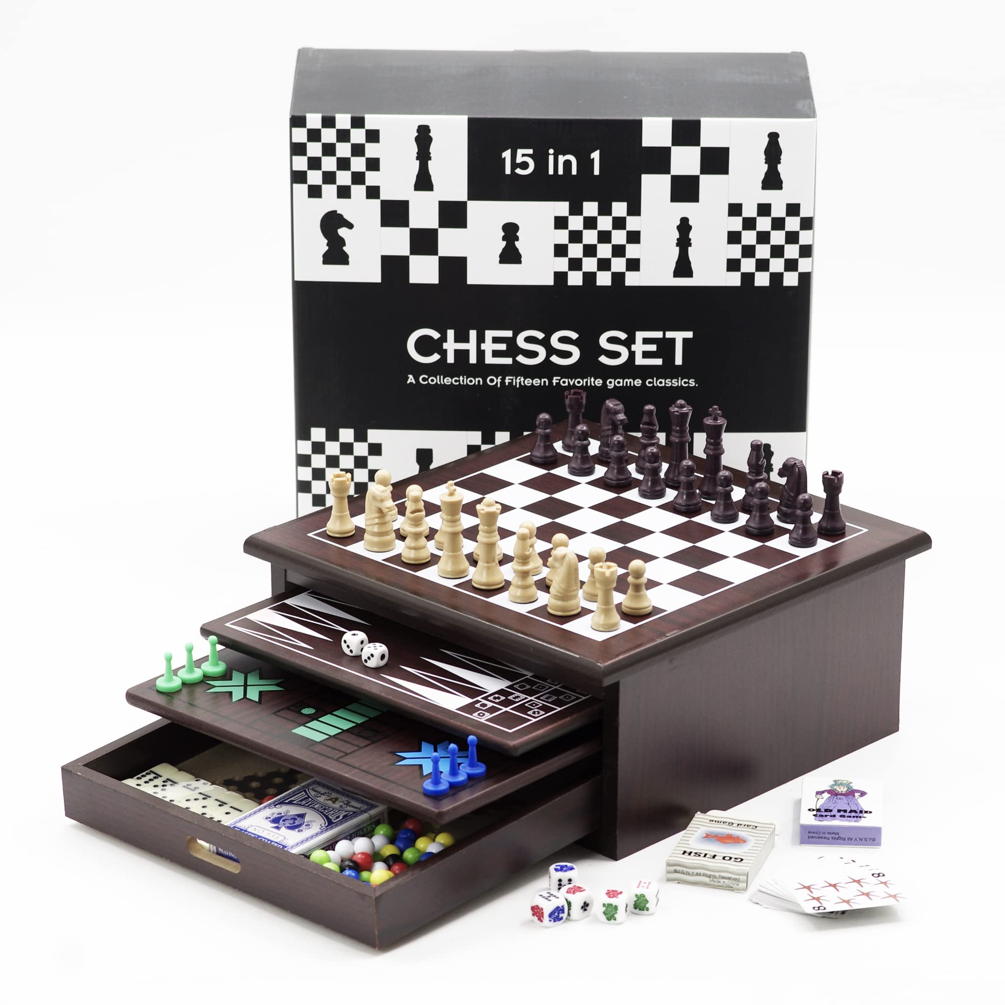 ANDSTAR Board Game Set Deluxe 15 in 1 Tabletop Natural Wood Board Game Center with Storage Drawer Combo Set Portable Table Games for Kids and Adults Travel Family Party