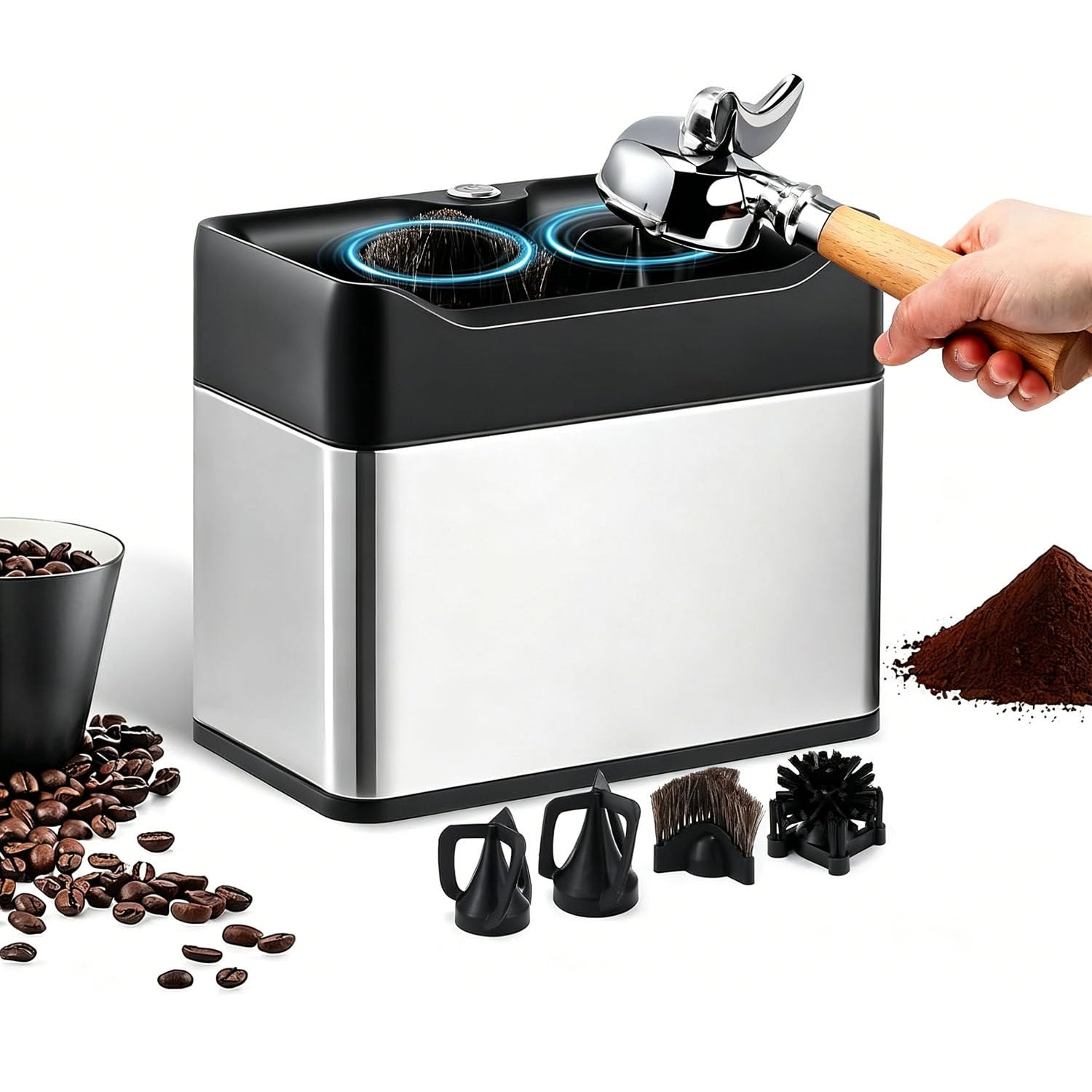 Automatic Portafilter Cleaning Machine with 2 Scrapers for 58mm Use Silver