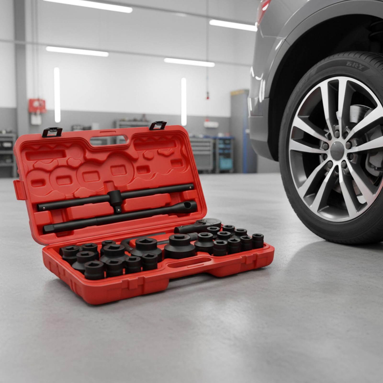 Douilles à Chocs Jeu Douille Impact Coffret Douilles Mécaniques 26 Pièces Acier Carbone 45 Phosphaté Noir 6 Points Clé Cliquet 72 Dents Mallette Rangement Sécurisé Garage Auto Camion Mécanique