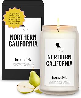 Homesick Scented Candles for Home (California Norcal) - 13.75 oz Long-Lasting Soy Wax Jar Candle for Women & Men for All Occasions, 60-80 Hours Burn Time - Notes of Pear, Vanilla & Amber