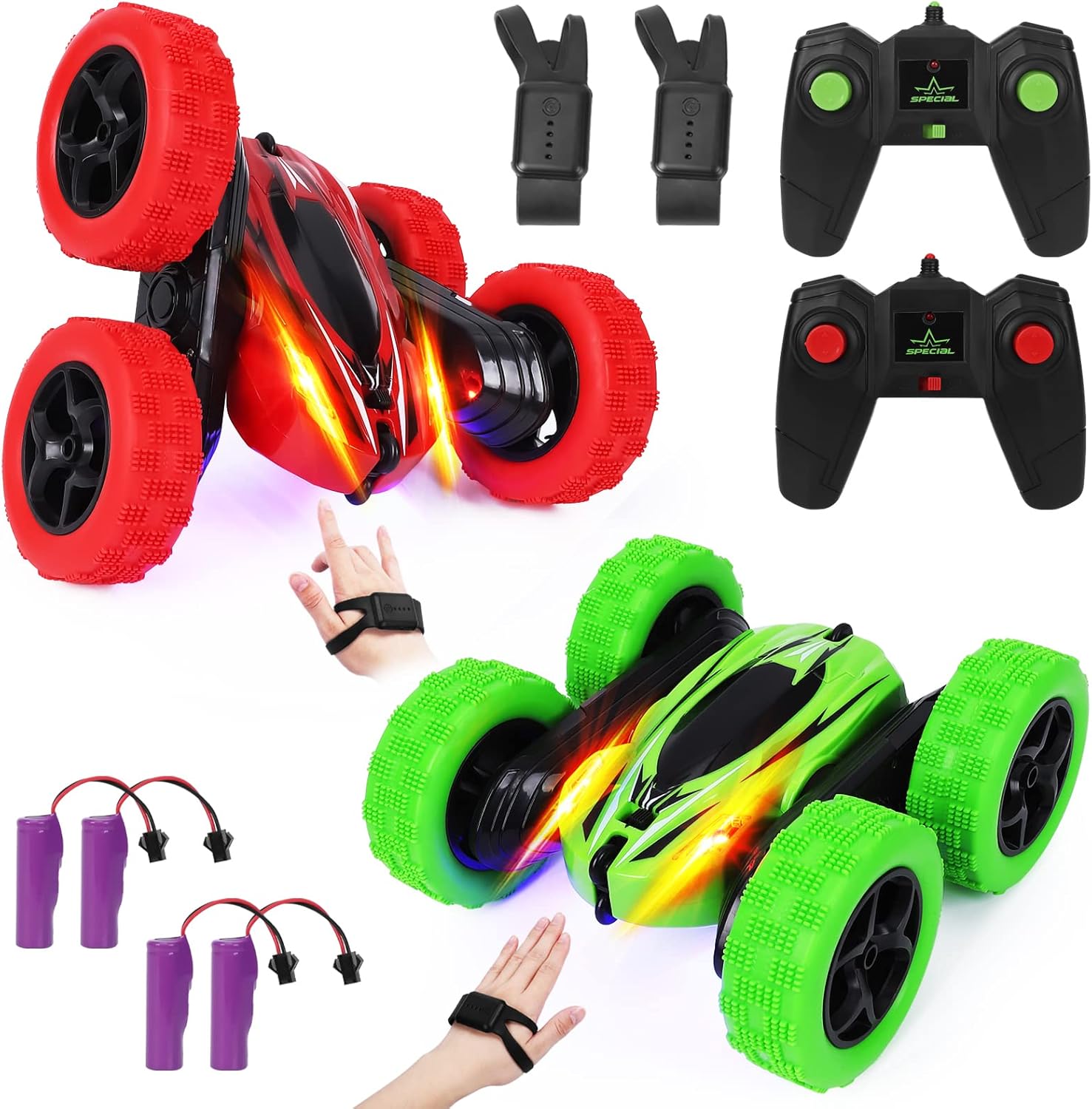 2PACK RC Stunt Car Watch Gesture Sensor Car 4WD Double Sided 360 Degree Rotating Tumbling Rechargeable Car High Speed 2.4GHZ Off Road Hobby RC Toy Cars for Xmas Birthday Gift Adults,Kids (Green/Red)…