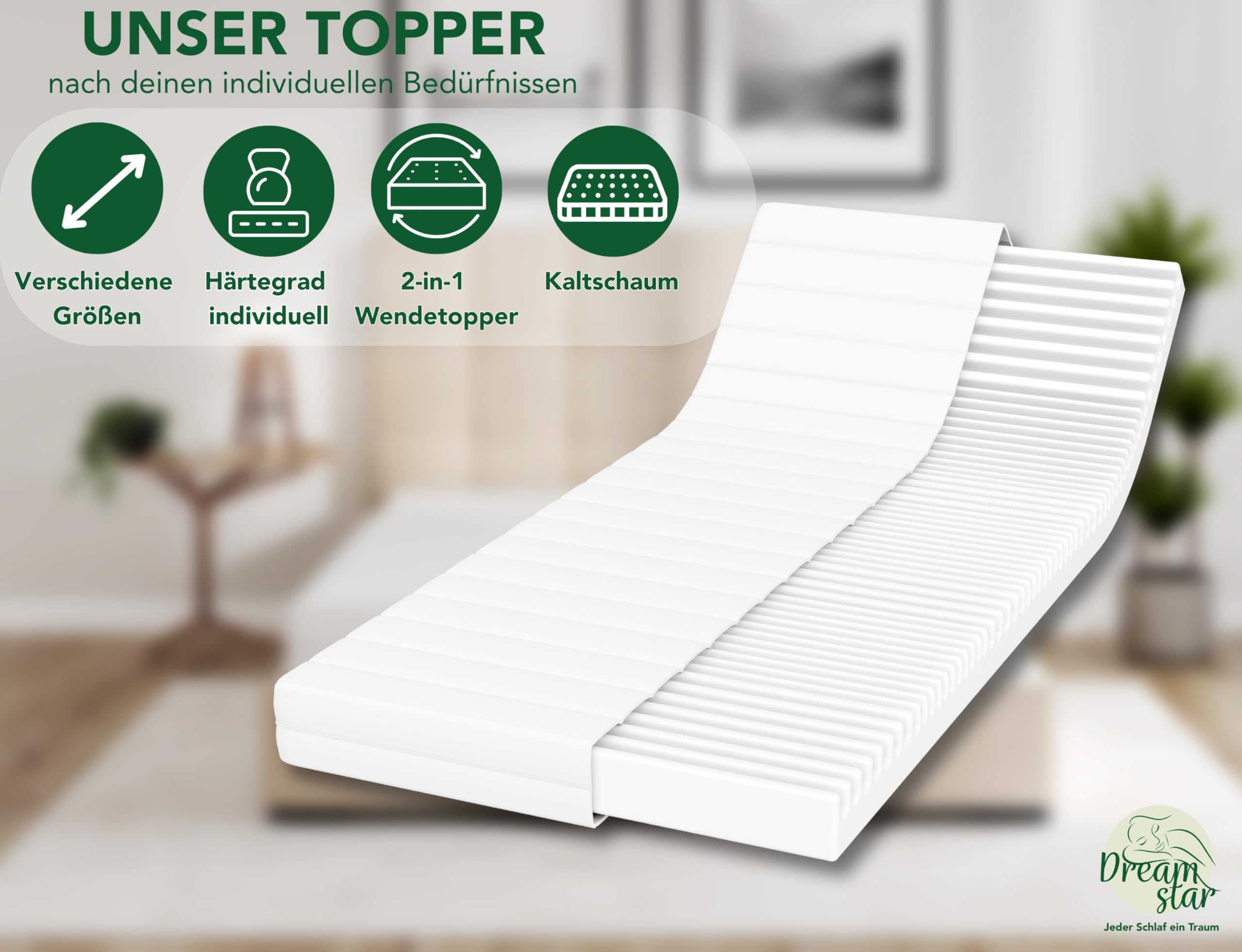 DREAMSTAR Easy Flex | ergonomischer Matratzentopper mit Kaltschaumkern | Matratzenauflage mit Härtegrad 2 und 3 | Öko-TEX® | 10 cm hoch | 90 x 200 cm