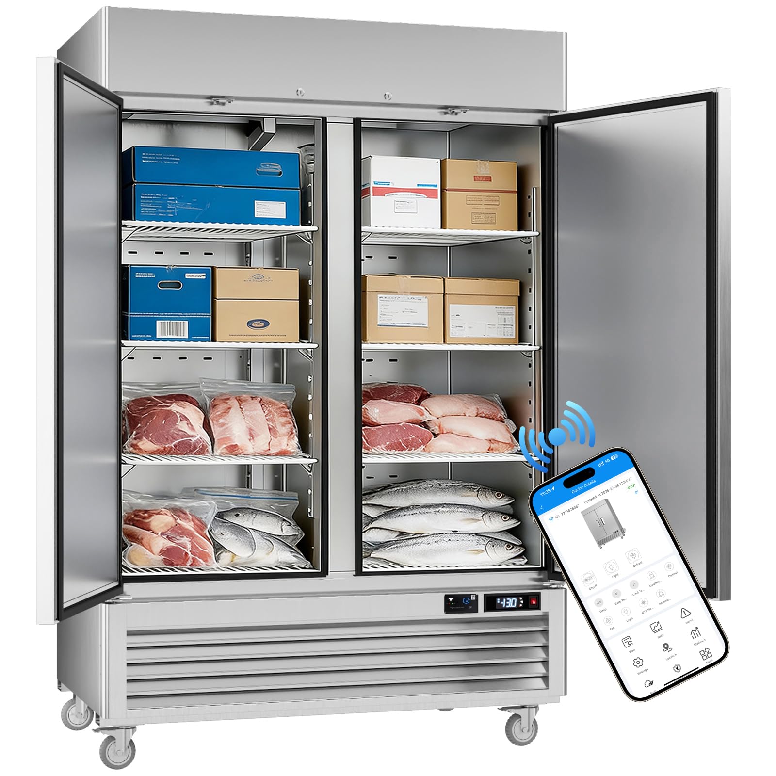 VEECOOL Commercial Freezer Upright WiFi Enabled, 54.4" Solid Door Reach-In Freezer with LED Lighting, APP Control Fan Cooling, R290 Refrigerant, Stainless Steel, 49 cu.ft. Capacity, ETL&amp;ETL Sanitation