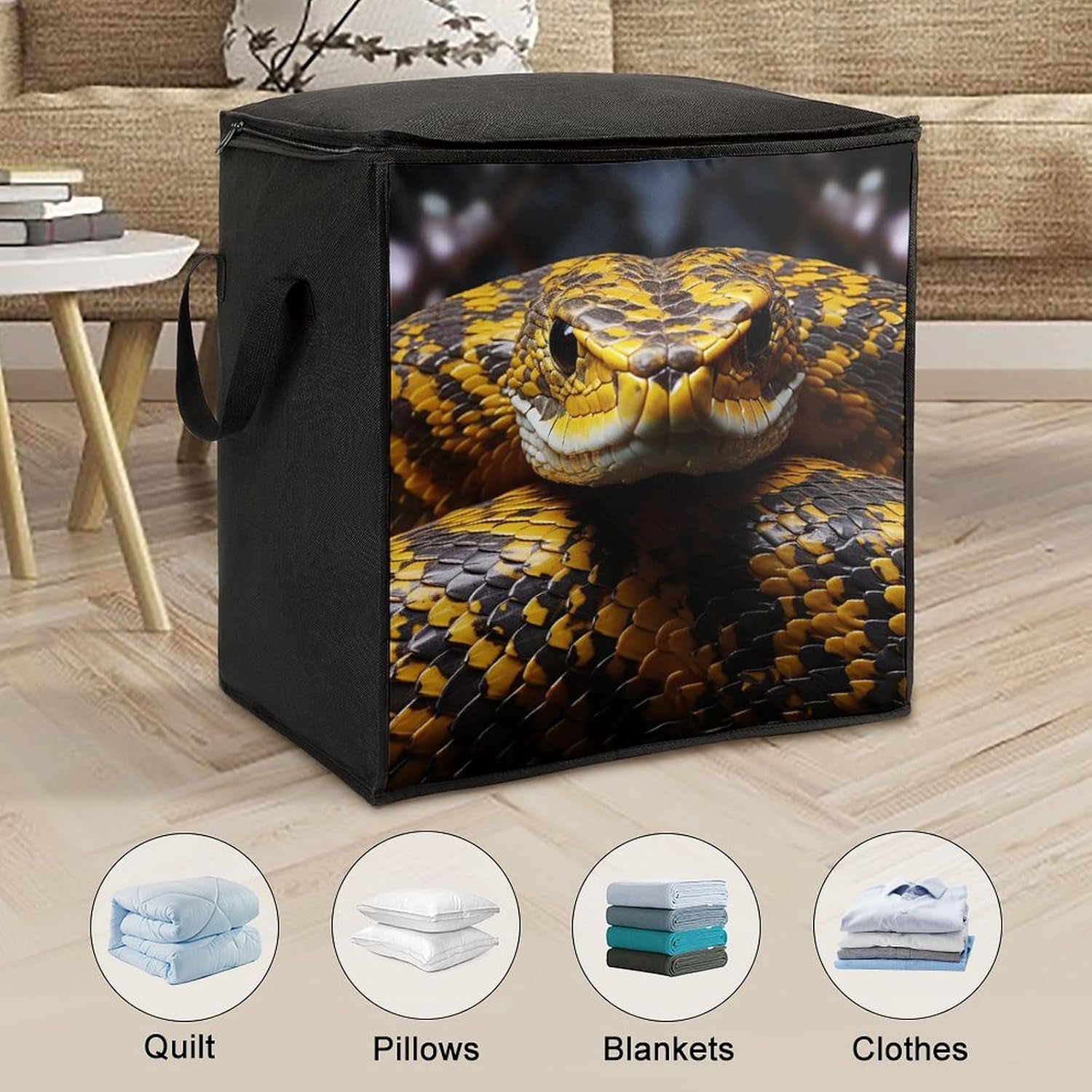 Quilt Storage Bag,Yellow Snake Printed Large Foldable Storage Container Portable Travel Storage Bag for Blankets, Quilts, Clothes, Comforter, Bedding And Pillows