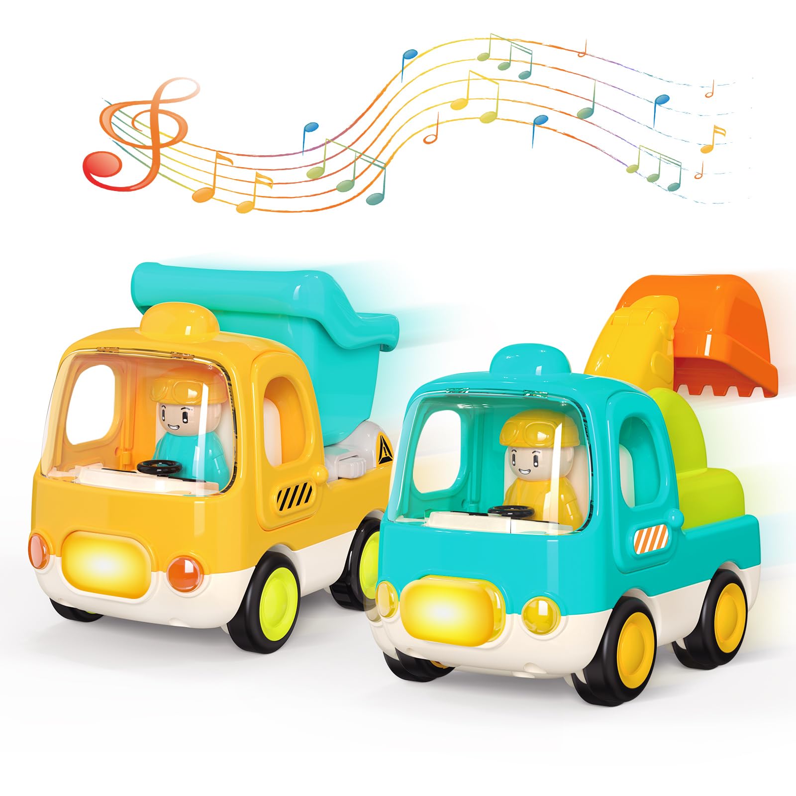 MOONTOY Coches para Niños de 1-2 Años, Vehículos de Construcción Push and Go para Niños Niñas de 1 2 3 Años, Incluye Excavadora y Volquete con Música y Luces, Coche Juguete Regalos para Niños de 1 Año
