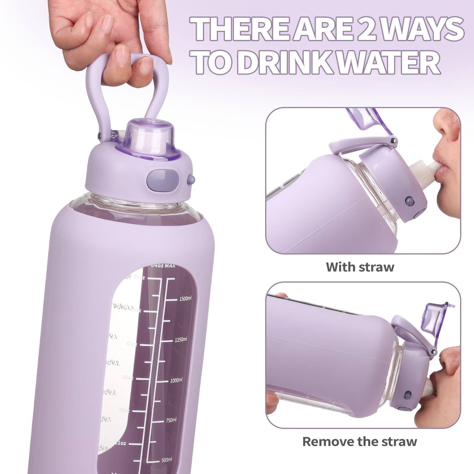 SIEROZUR Glas-Wasserflasche 900 Ml – Mit Strohhalm, Silikonhülle & Zeitmarkierung, Auslaufsicher