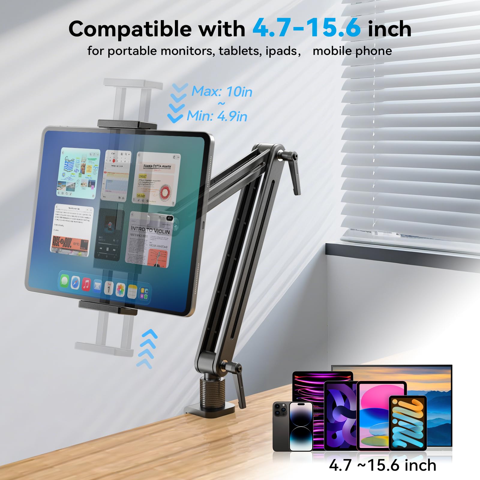 Jakeko Support de Moniteur Portable 15,6" - Support pour Tablette iPad - pour Chambre à Coucher, Salon, Cuisine - Texture de qualité supérieure - Corps en Aluminium - Clé intégrée - Facile à régler à