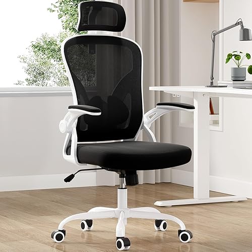Miniatura 10 de Silla ergonómica de oficina de respaldo alto con reposacabezas, escritorio de malla y soporte lumbar ajustable, brazos abatibles y 350 libras, fácil