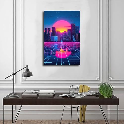 Miniatura 3 de Cyberpunk - Arte de pared de onda vapor-neón futurista de la ciudad, impresión retro de onda sintética decoración de pared, pinturas al óleo famosas