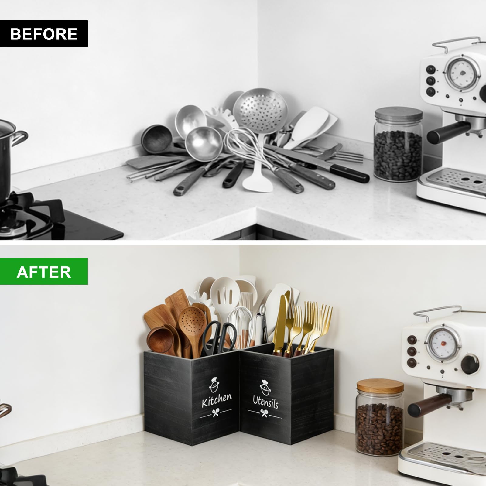 Kitchen Utensilhalter mit Entwässerungboden, Holz Utensil Organizer, große 3 Fächer Küchenutensilien Organizer Stabiler Besteckhalter für Küchenarbeitsplatte
