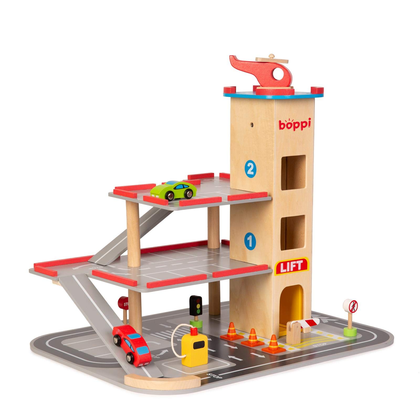 boppi Garaje y Aparcamiento de Madera de Juguete de 39 cm de Alto para niños de 12 Piezas, con Ascensor Funcional a Las 3 Plantas, gasolinera, señales de tráfico, 2 Coches de Juguete y un helicóptero