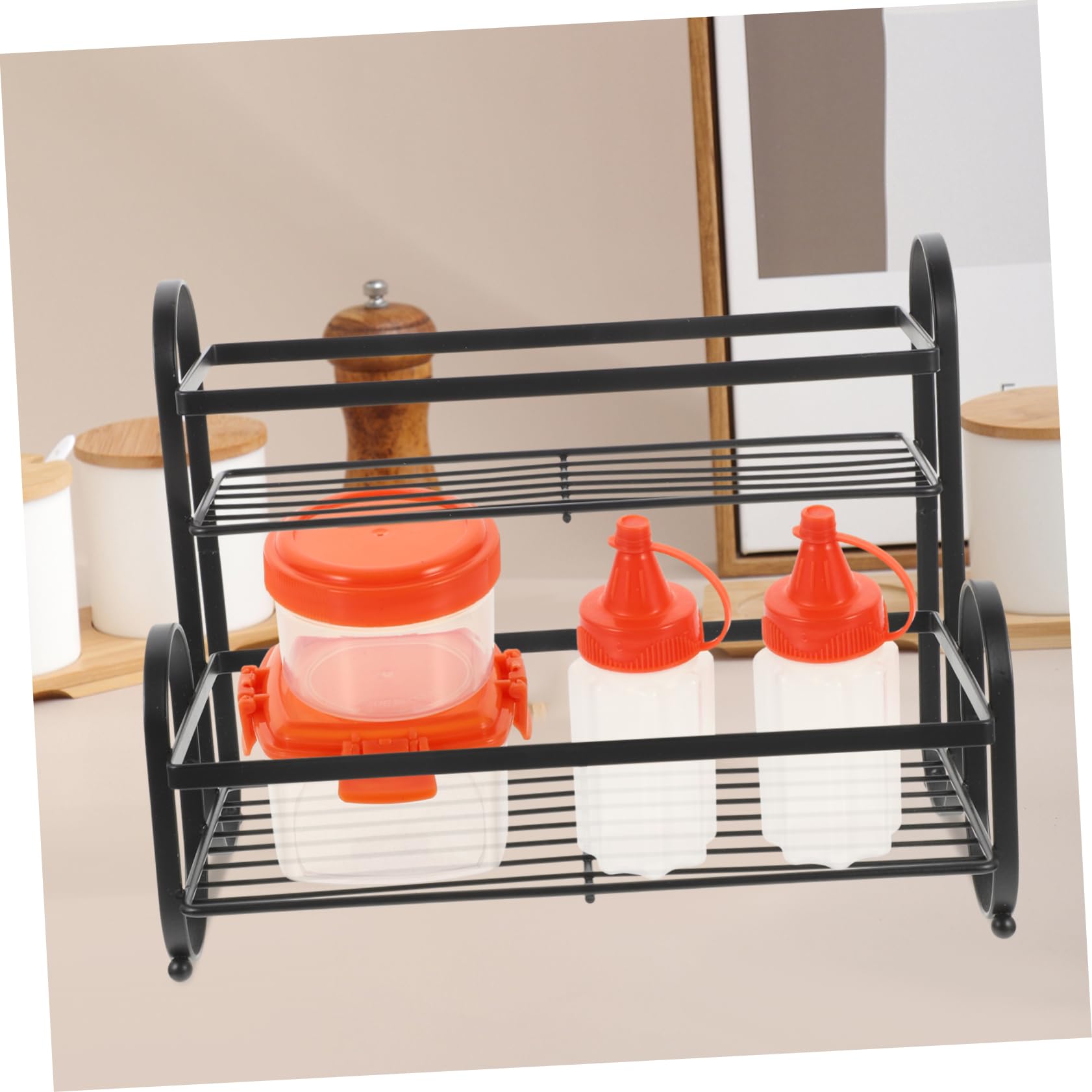 Organizer da Cucina in Ferro Nero a Doppio Strato, Scaffale per Spezie Salvaspazio, Porta Spezie Robusto Saldatura Sicura, per Ripiano Cucina