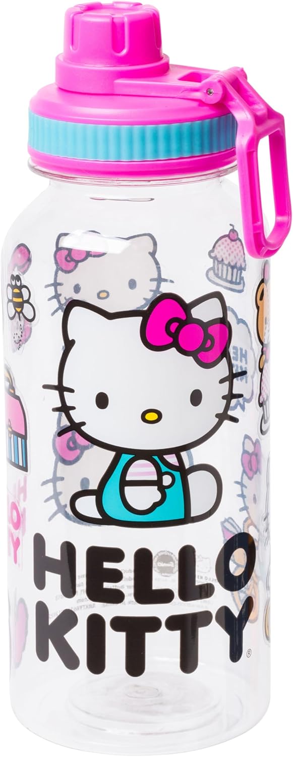 Silver Buffalo Sanrio Hello Kitty Twist Spout Plastic Bottle with Sticker Set, 32 Ounce - Image 3