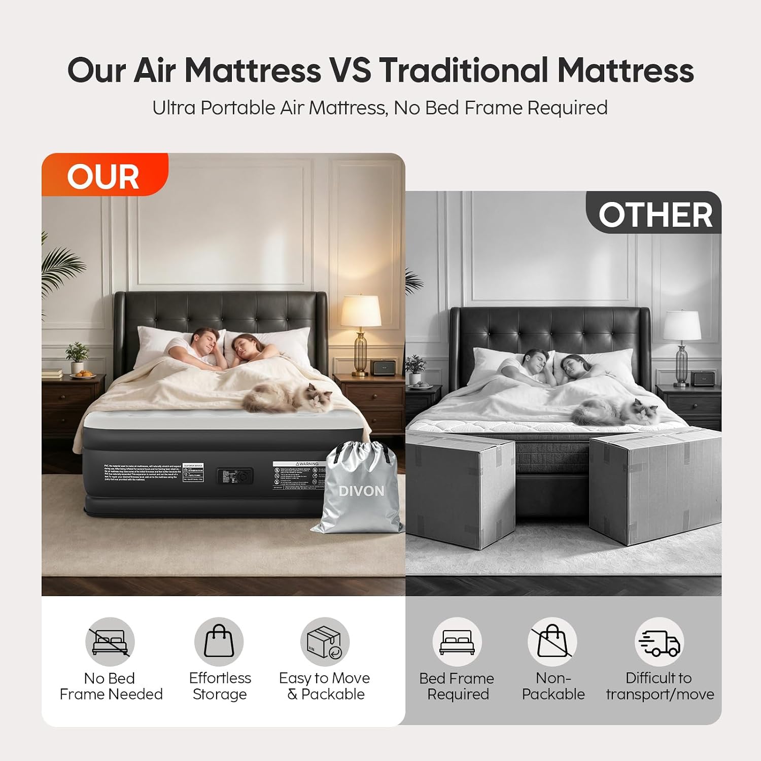 DIVON Queen Air Mattress with Built-in Pump, 18" Raised Blow Up Bed, 800lb | Soft Flocked Top,Storage Bag,Quick Inflation,Waterproof PVC,Leak-Resistant,10-Year Support,Non-Slip Silent,for Home,Guests