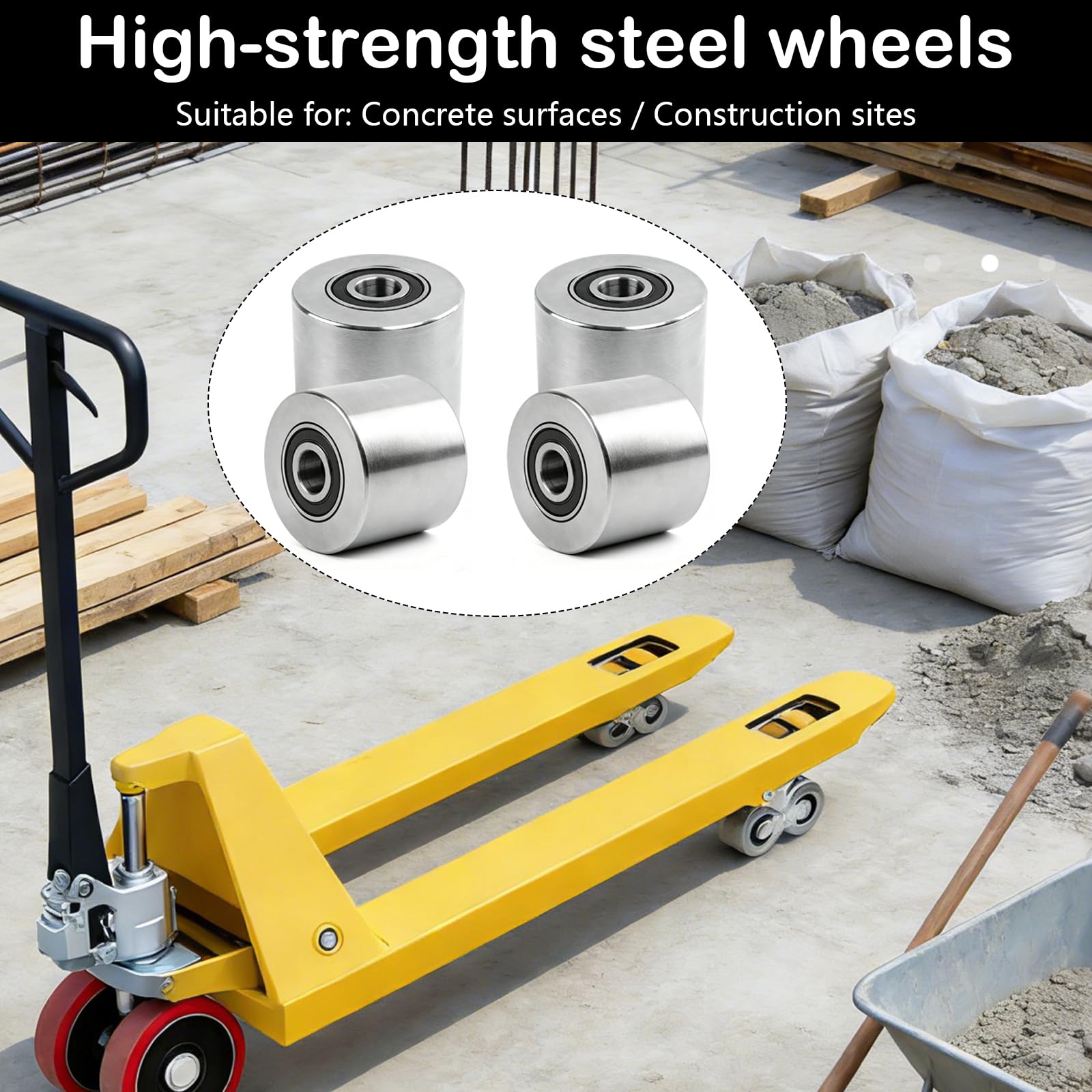 4 Roues de Transpalette en Acier 80 x 70 mm, Axe de 20 mm Roulements à Billes Capacité de Charge de 1500 kg pour Béton et Terrains Accidentés