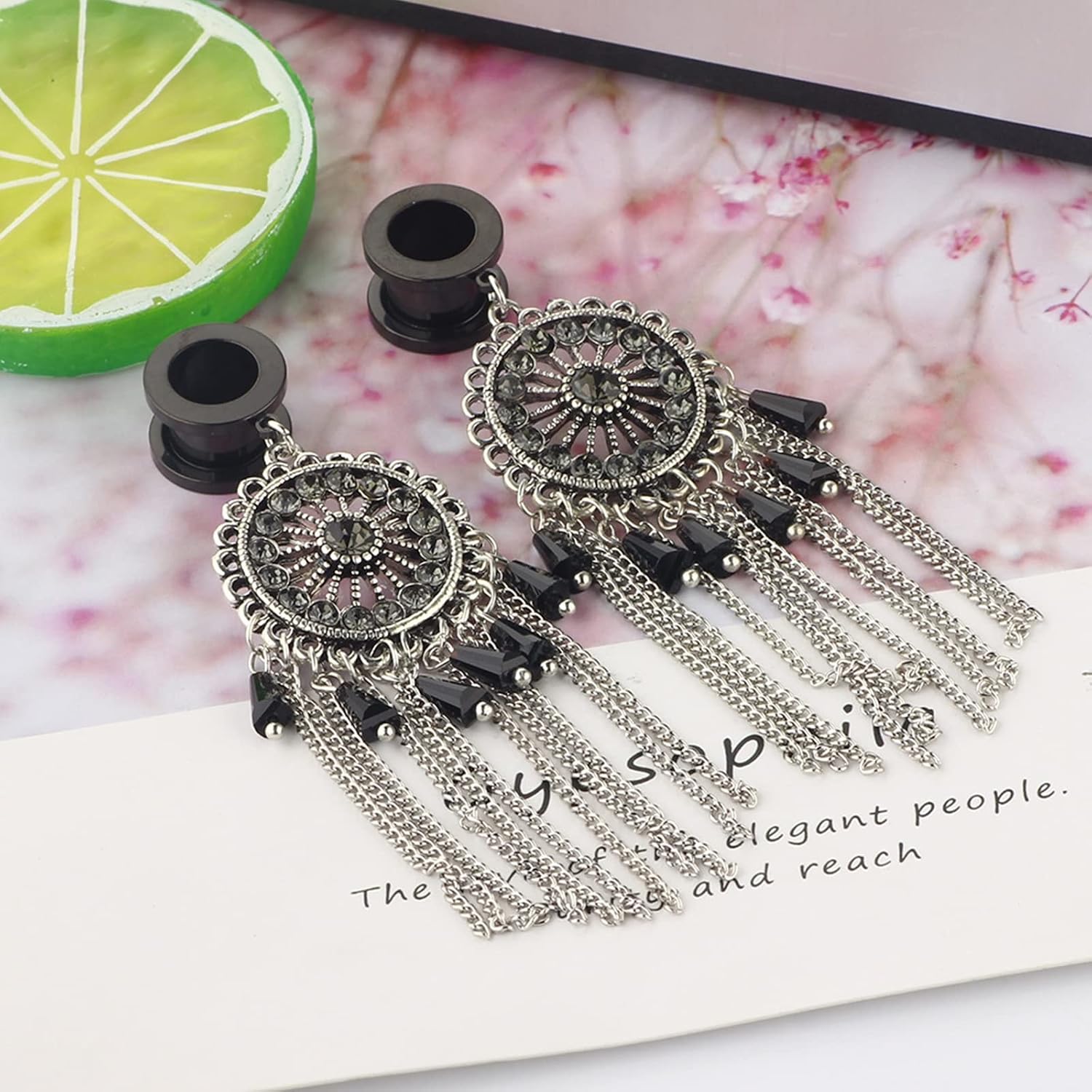 Daesar 2PCS Gauge Tunnels, Dangle Ear Gauges 5/8 inch 16mm Cubic Zirconia Flower with Tassel Stainless Steel Gauges Body Piercings Jewelry