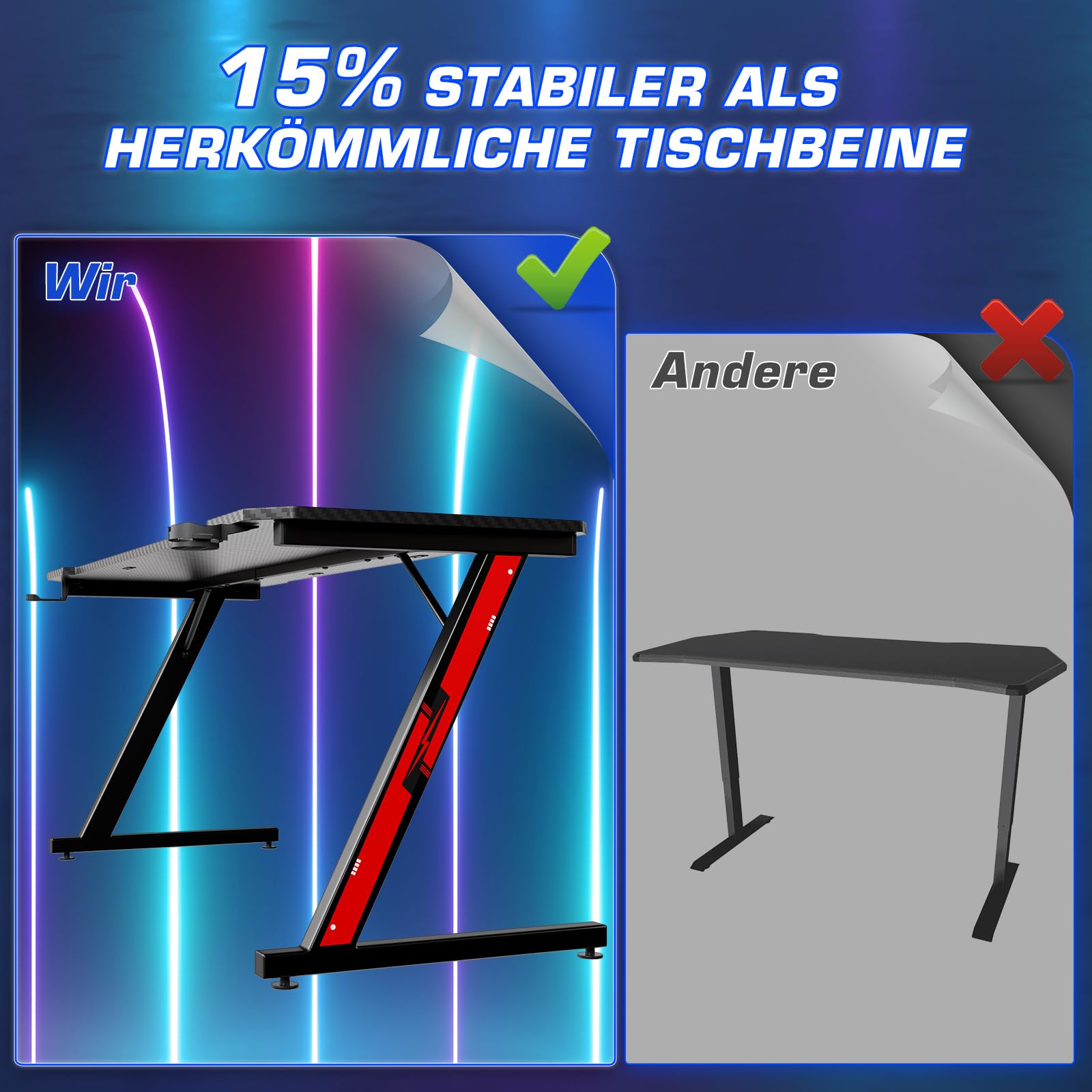 Homall 160 x 60 cm Scrivania Gaming Ergonomica, Tavolo con Piano del Tavolo in Fibra di Carbonio, Tavolo Gaming con Ganci per Cuffie, Nero