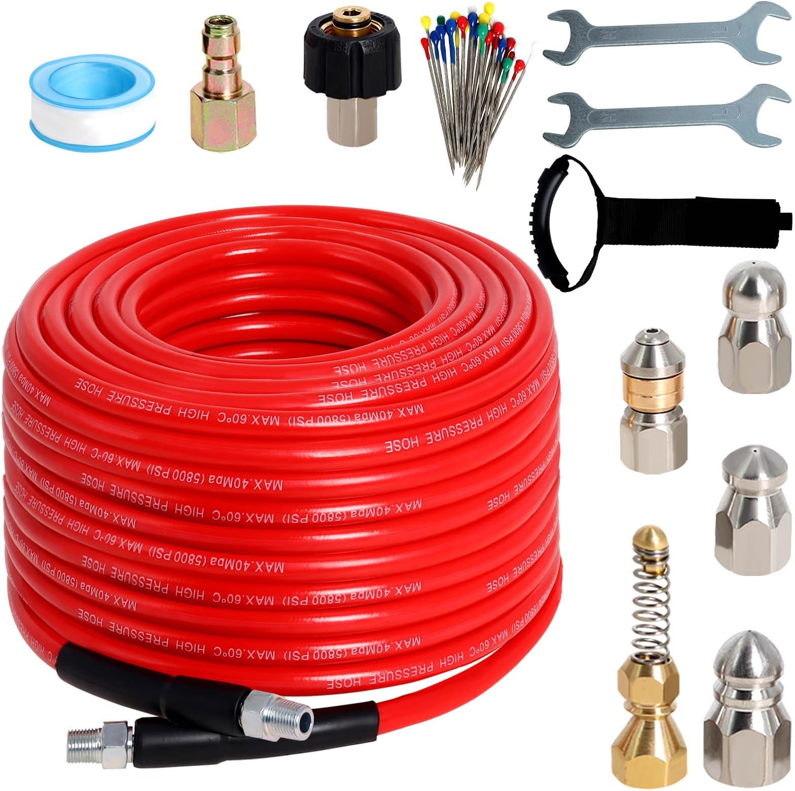 Sewer Jetter Kit for Pressure Washer 100FT, 5800PSI Drain Cleaner Hose 1/4 Inch NPT Corner with 5 Sewer Jetting Nozzles,Waterproof Tape,Pearl Corsage Pin & 2 Spanners (Red)