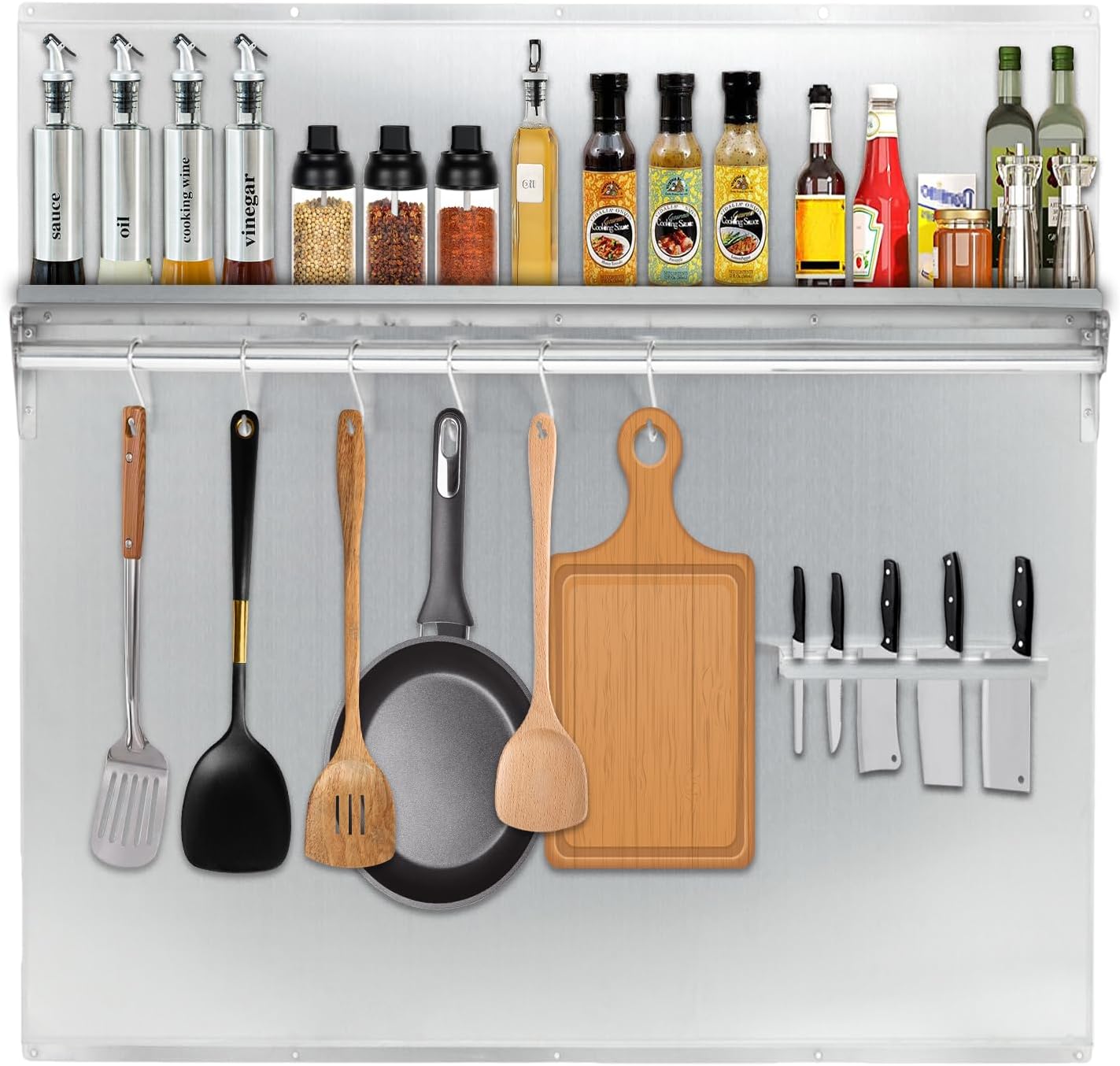 30"x30" Stainless Steel Range Backsplash for Stove Hood, Wall Mount Panel with Storage Shelf & Knife Rack, Commercial Backsplash Shield, Pre-Drilled Holes for Easy Installation & Cleaning