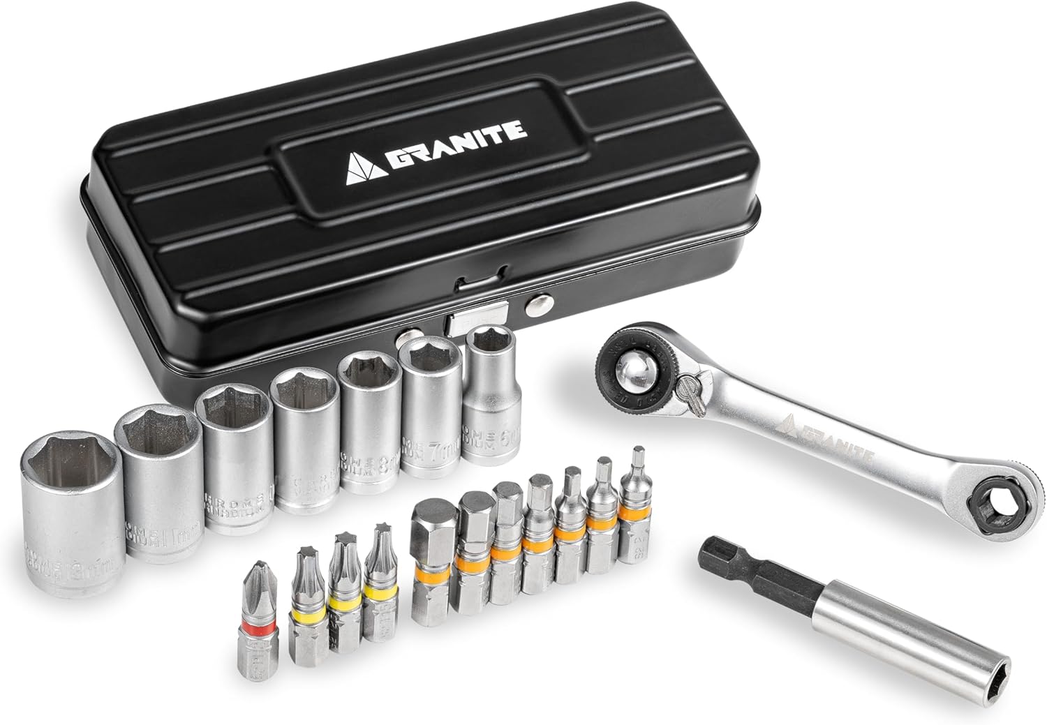 Granite Duet Ratchet Tool Kit with Hex Bit and Socket, Including Double Head Ratchet, Extension Rod, 7 Sockets and 11 Precision Bits (Black)