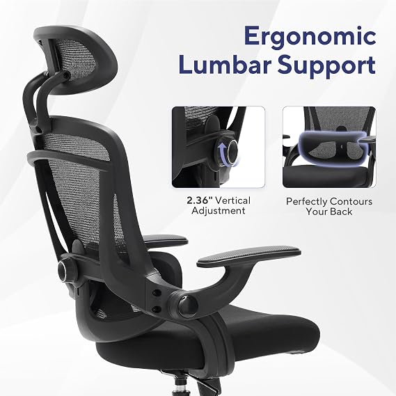 Nouhaus Ergonomic Mesh Office Chair with Adjustable Lumbar Support and Flip-up Armrest High Back Headrest Tilt Comfortable Computer Gaming Chair Swivel Desk Chair Ergo Fit, Dark Black