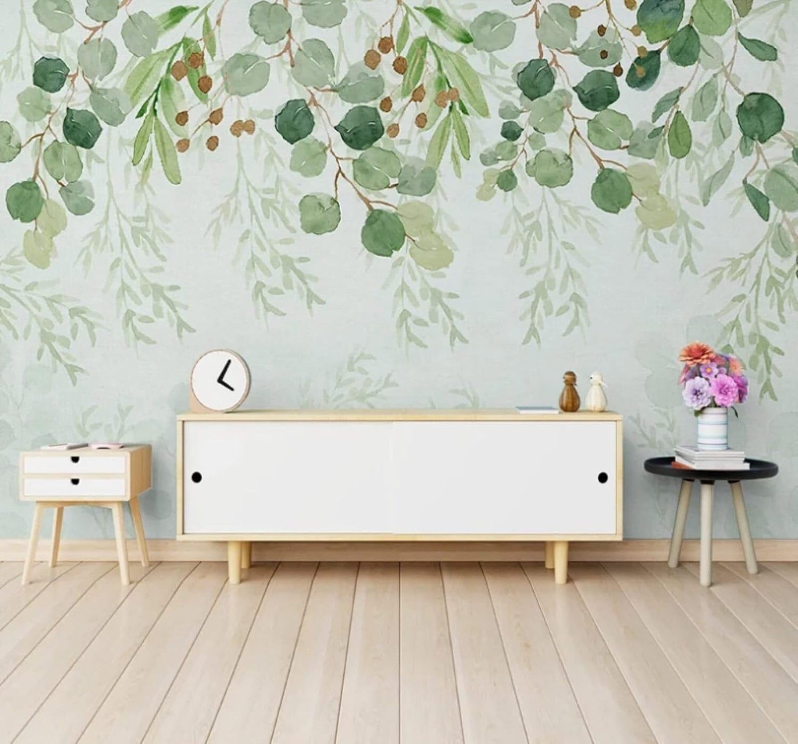 Fresh Hand Drawn Watercolour Plants Green Leaves 3D Wallpaper Easy Install Feature Office Living Room Sofa Bedroom TV Background Wall Decoration-150cm×105cm