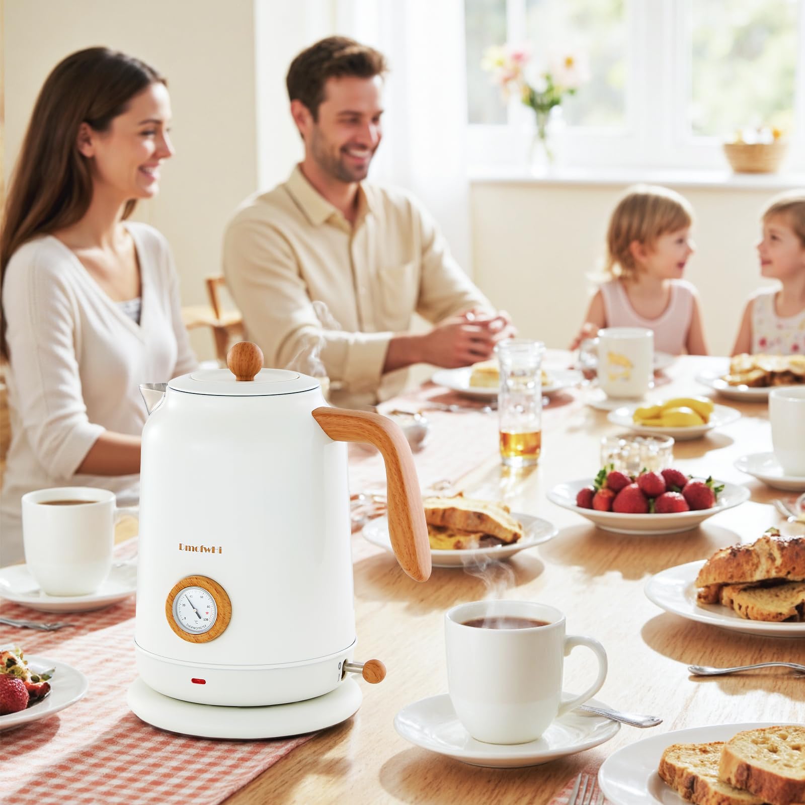 DmofwHi Bollitore Elettrico Acciaio Inox 1,7 Litri, Teiera Elettrica Vintage con Indicatore di Temperatura e Termometro, Silenzioso e Base a 360° - Perfetto per la Famiglia per Caffè e Tè, Bianco