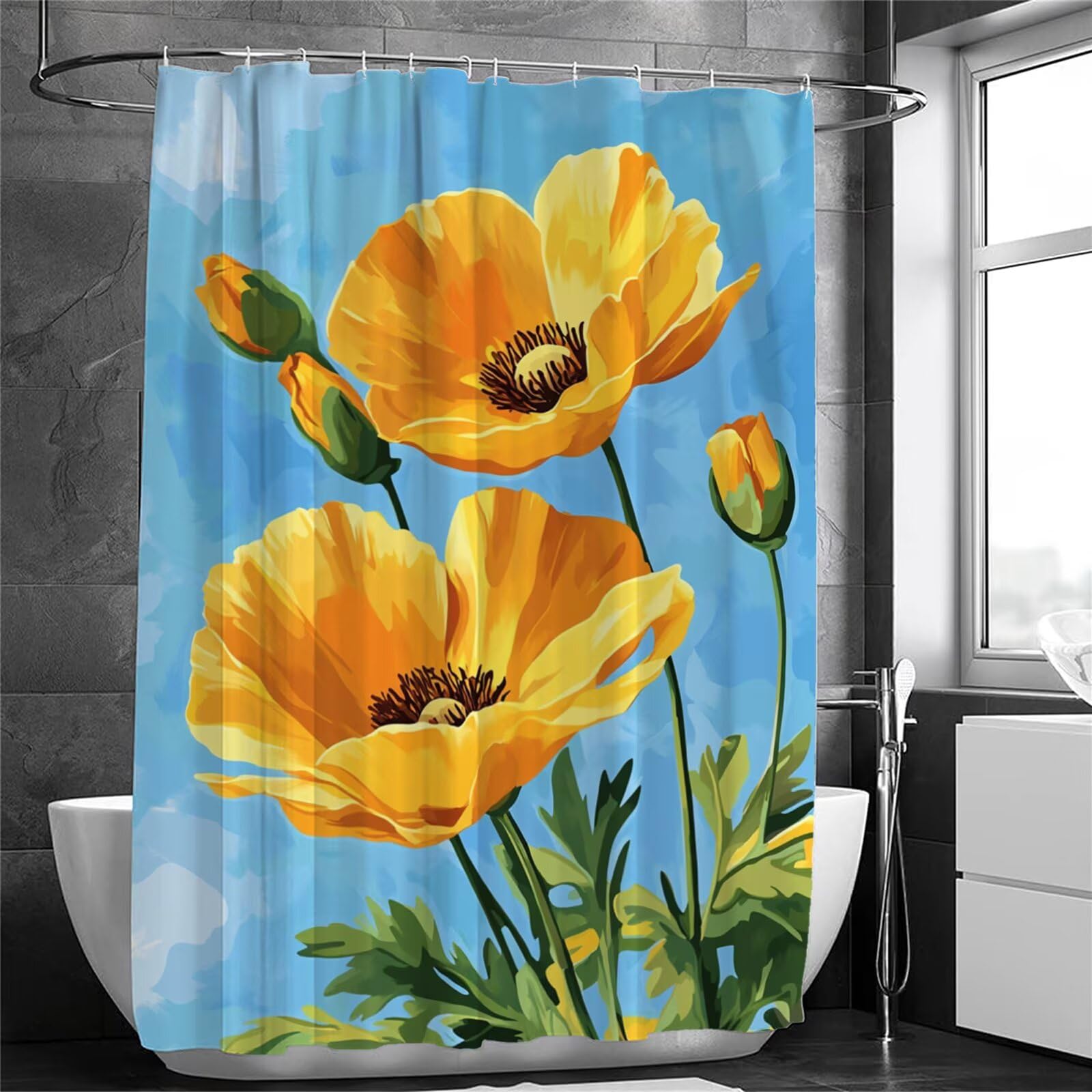 Zasłona prysznicowa z motywem kwiatowym, 240 x 200 cm, żółta, z obciążnikiem i haczykiem, nadaje się do prania, wodoszczelna, odporna na pleśń, tkanina poliestrowa, szybkoschnąca, dekoracyjna zasłona