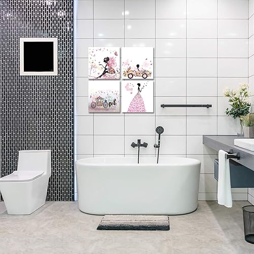 Miniatura 5 de iKNOW FOTO 4 piezas de lienzo rosa para pared, diseño de hadas y mariposas voladoras, estirado y enmarcado, listo para colgar, obras de arte giclée