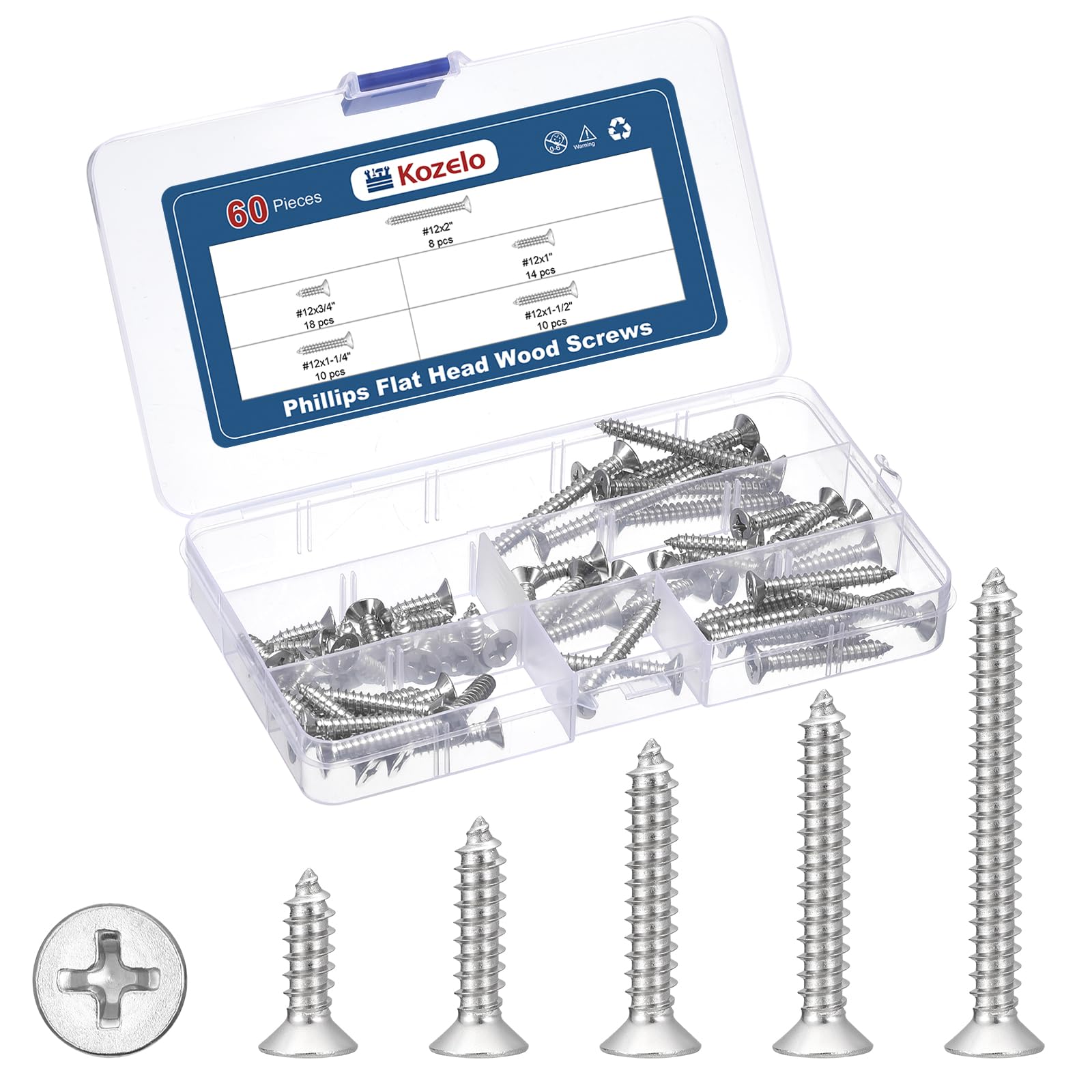 Kozelo 60Pcs Phillips Flat Head Wood Screws Assortment Kit - [#12x3/4" to 2"] 304 Stainless Steel Countersunk Self Tapping Screws, Silver — image 1