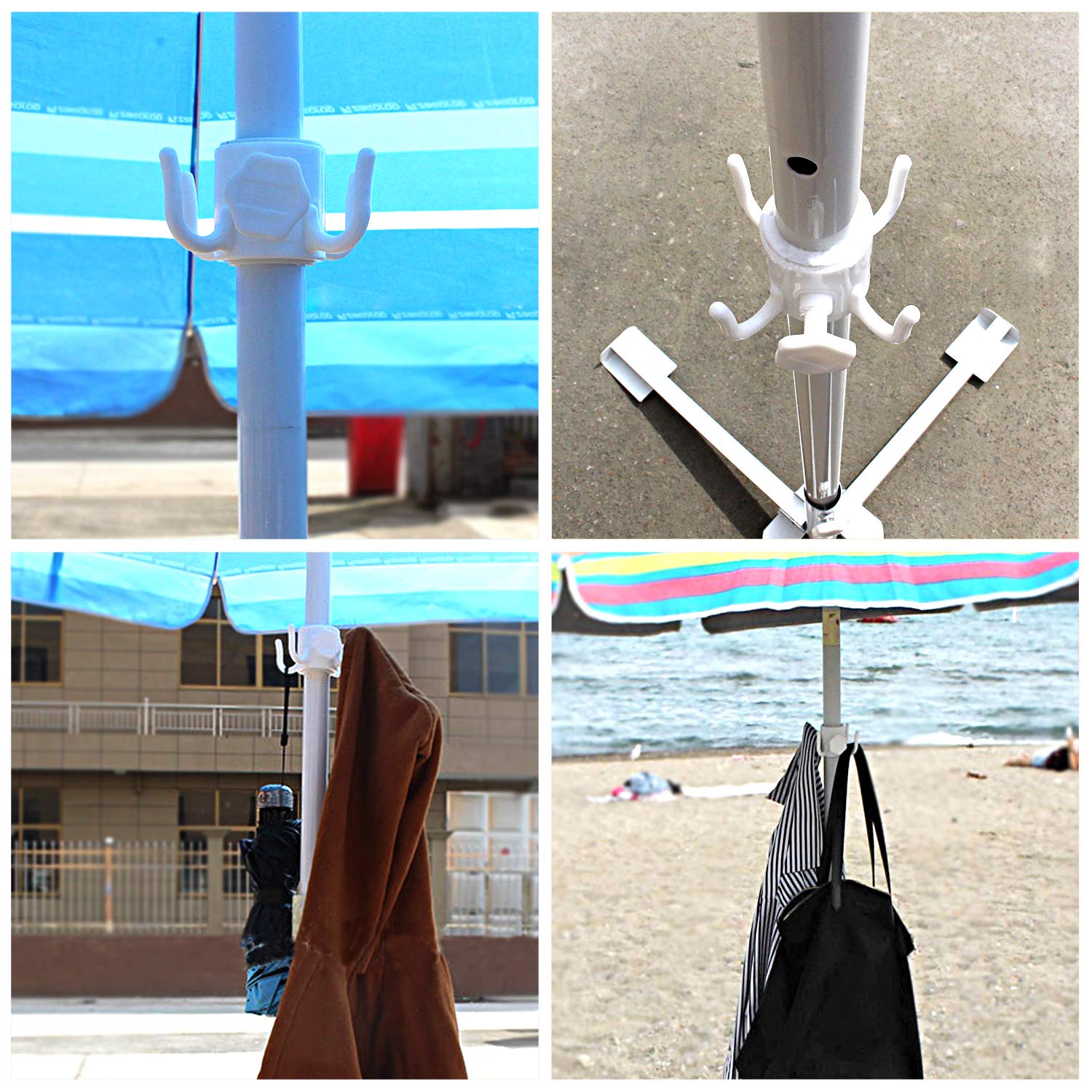 Gancio per ombrellone da spiaggia, 4 rebbi, in plastica, per asciugamani, cappelli, vestiti, macchina fotografica, occhiali da sole, borse, adatto per spiaggia, campeggio, viaggi (bianco)