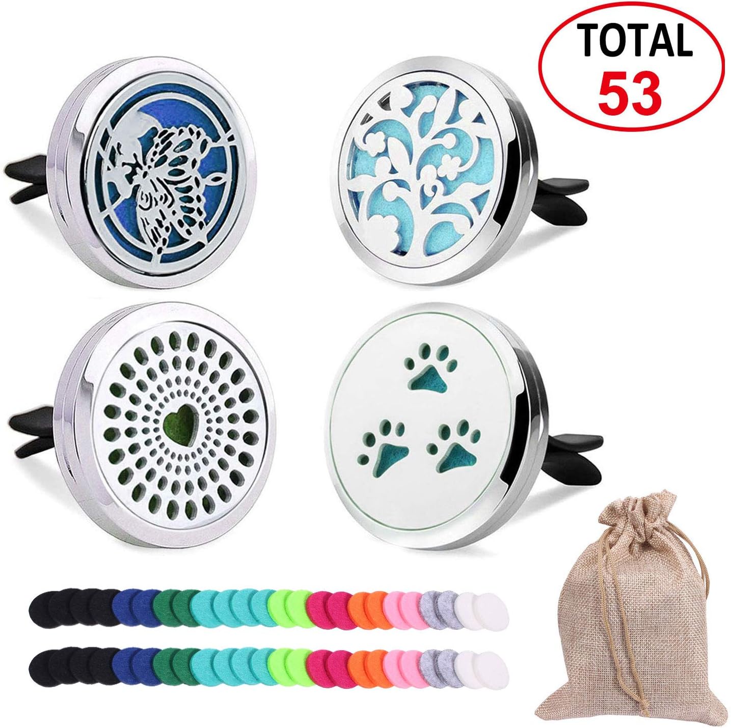 4 Packs Aromatherapy Car Diffuser Essential Oils Vent Clip, 30 mm Air Fresher Stainless Steel Lock with 48 Felt Pads
