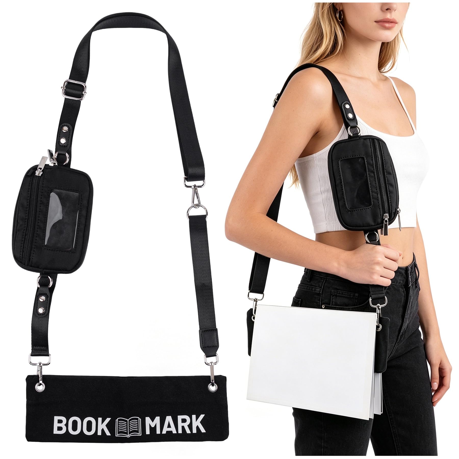 ANNASAMDO, Bookmark Purse Carrier with Clip and GO Keychain Bag Detachable Cross Body Belt Strap for Books Lovers Gift Black