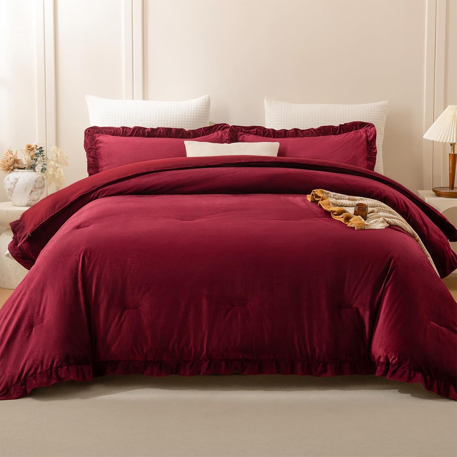 MOVE OVER Burgundy Velvet Comforter Set King, Ruffled Fluffy Plush Bedding with Pillowcases, All-Season Cozy Luxury Bed Set for Women & Girls