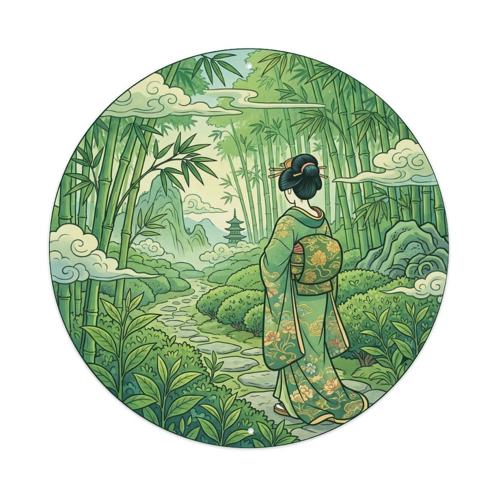 Galvaxio Style Japanese Kimono Woman In Green Bamboo Forest Fresh Metal Tin Sign